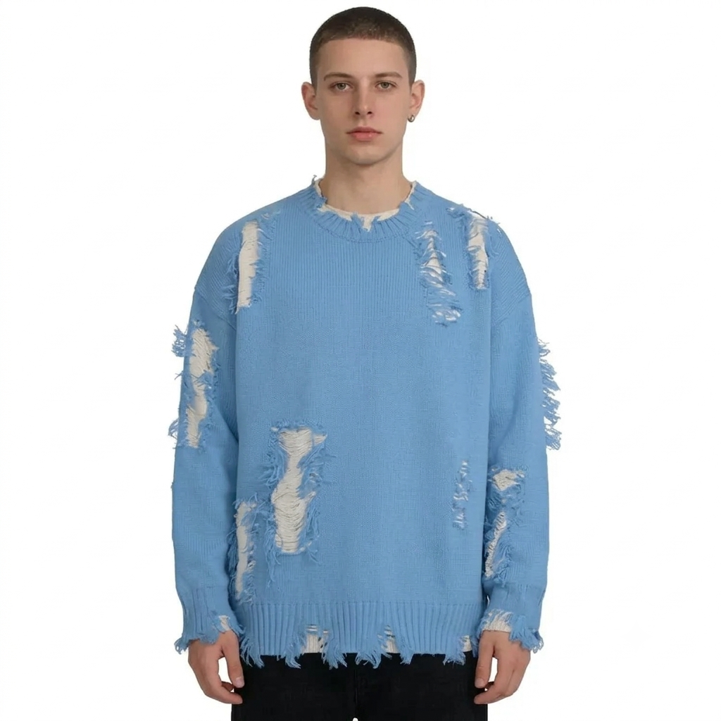 Jersey de cuello redondo de jacquard azul marino para hombre