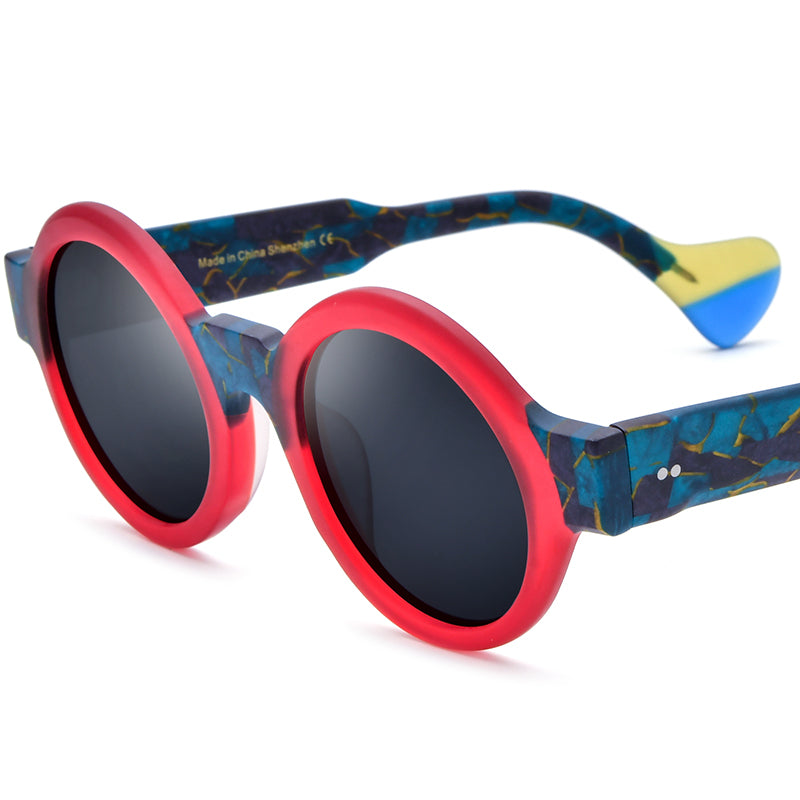 Vintage Multicolour Round Matte Acetate Polarized Sunglasses UV400 - Matte Red Gray Lens - MCROONS