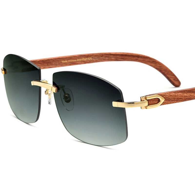 Wood Frame Rimless Square Sunglasses - Wood Grey - MCROONS