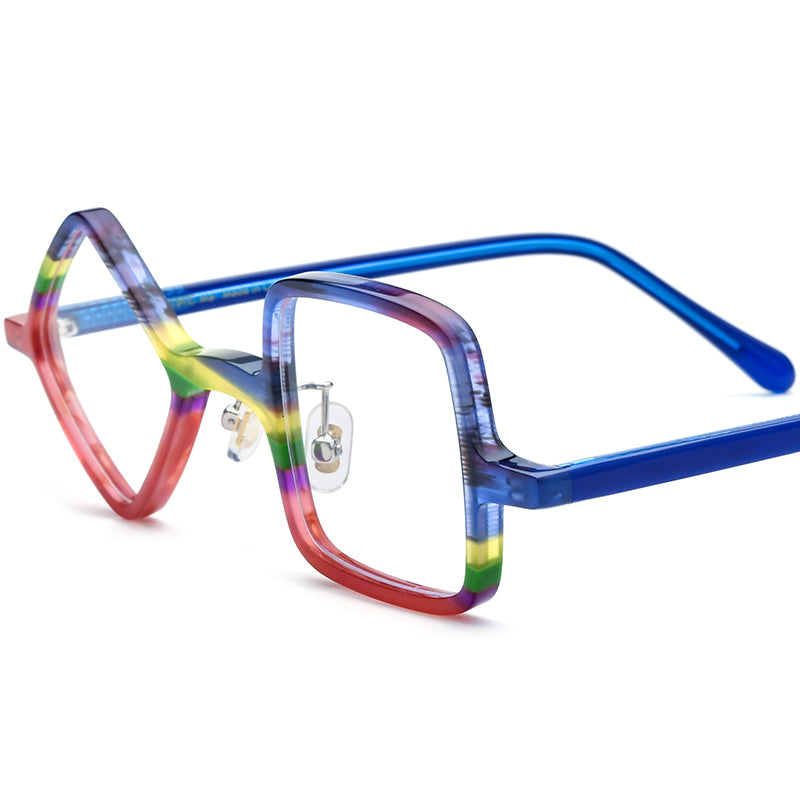 Retro Irregular Geometric Acetate Optical Glasses Frame - Blue Red - MCROONS