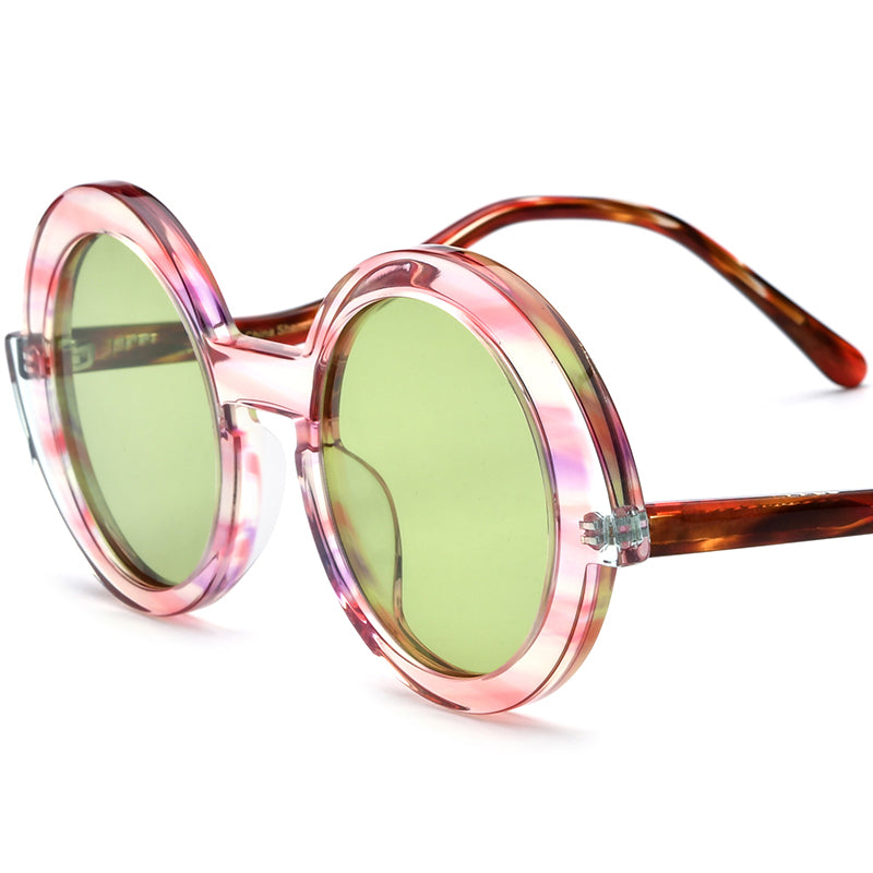 Vintage Polarized Round Sunglasses - Pink Green Lens - MCROONS