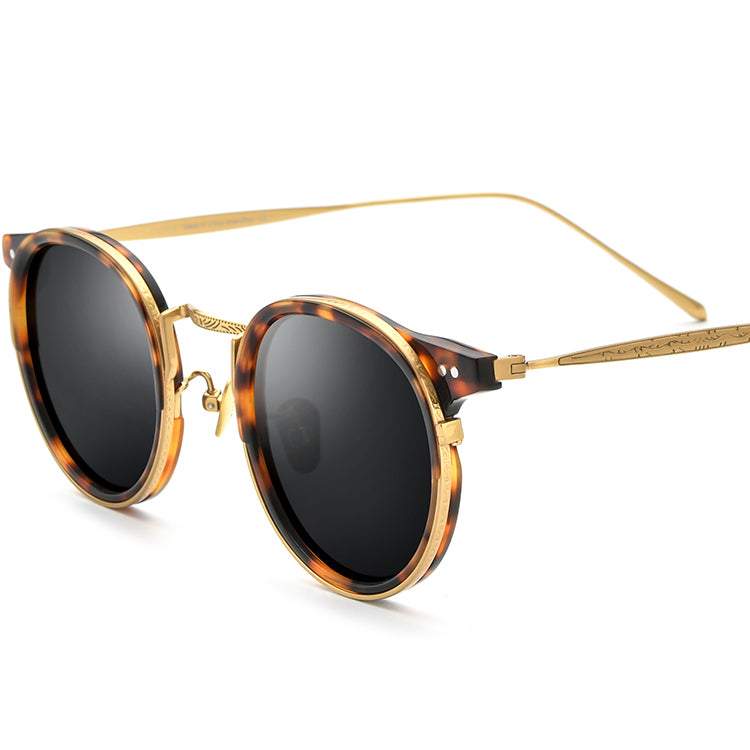 Classic Vintage Round Polarized Acetate Sunglasses - Yellow Leopard Gray - MCROONS
