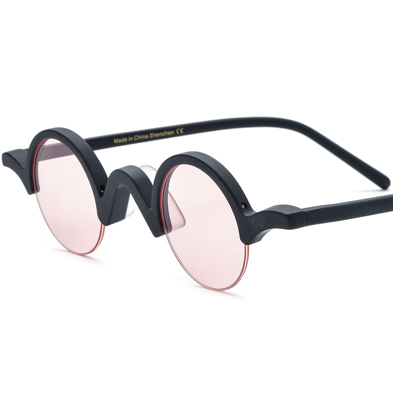 Vintage Small Round Acetate Half-Rim Sunglasses UV400 - Matte Black Pink Lens - MCROONS