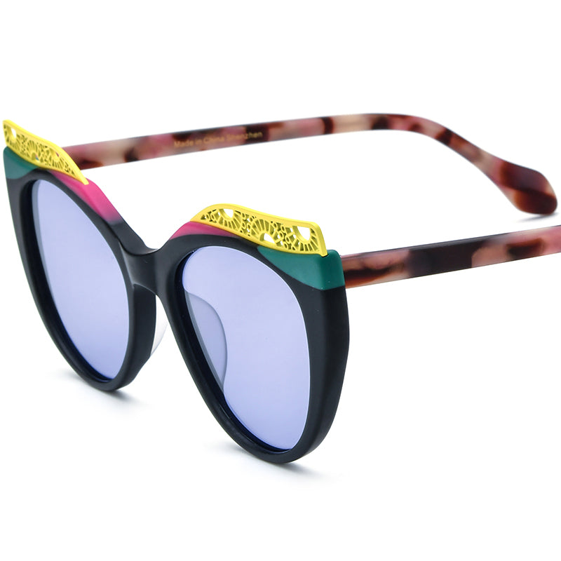 Matte Acetate Cat Eye Sunglasses Big Size Retro - Black Purple Lens - MCROONS