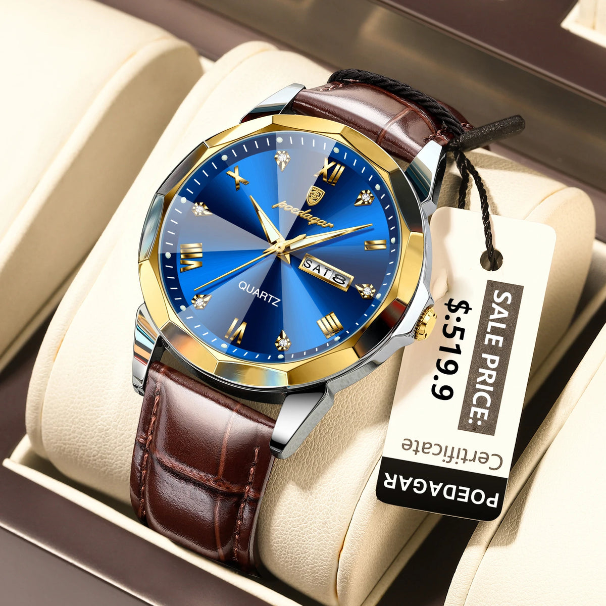 Poedagar 810 Men's Luxury Quartz Watch – Leather Strap, Waterproof, Luminous, Date