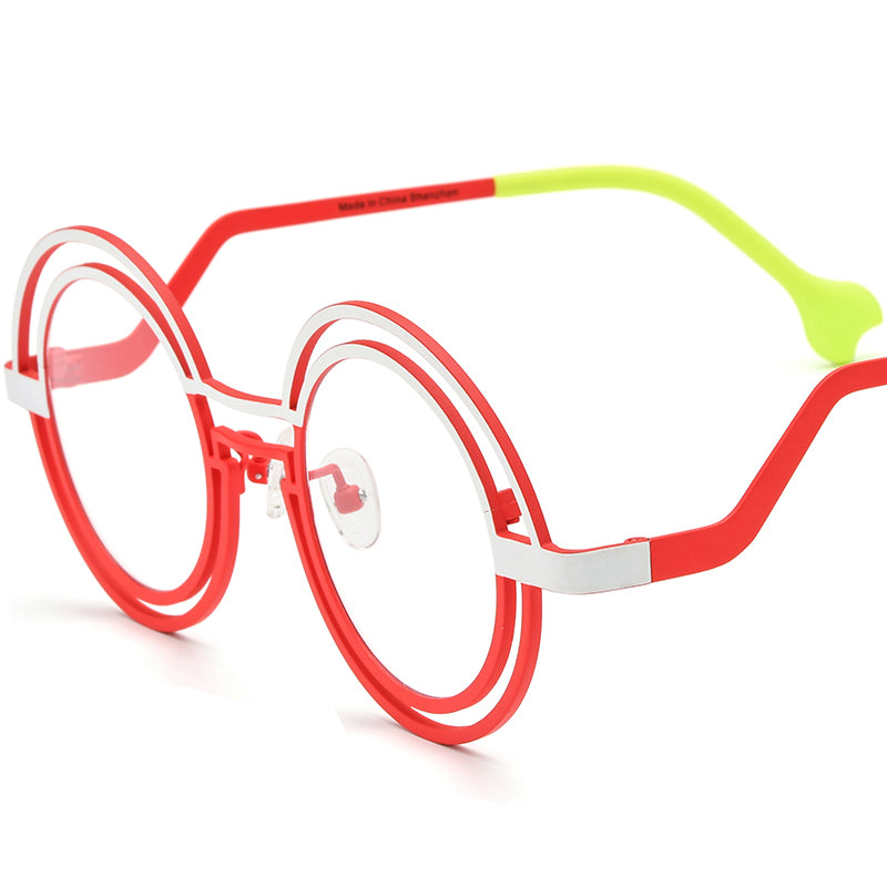 Matte Titanium Double-Ring Round Optical Glasses Frame - Matte White Red - MCROONS