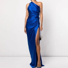 2023 Custom Woman Club Lady Stylish Night Fashion Lady Elegant One Shoulder Silk Satin Ruched Bodycon Party Luxury Evening Dress