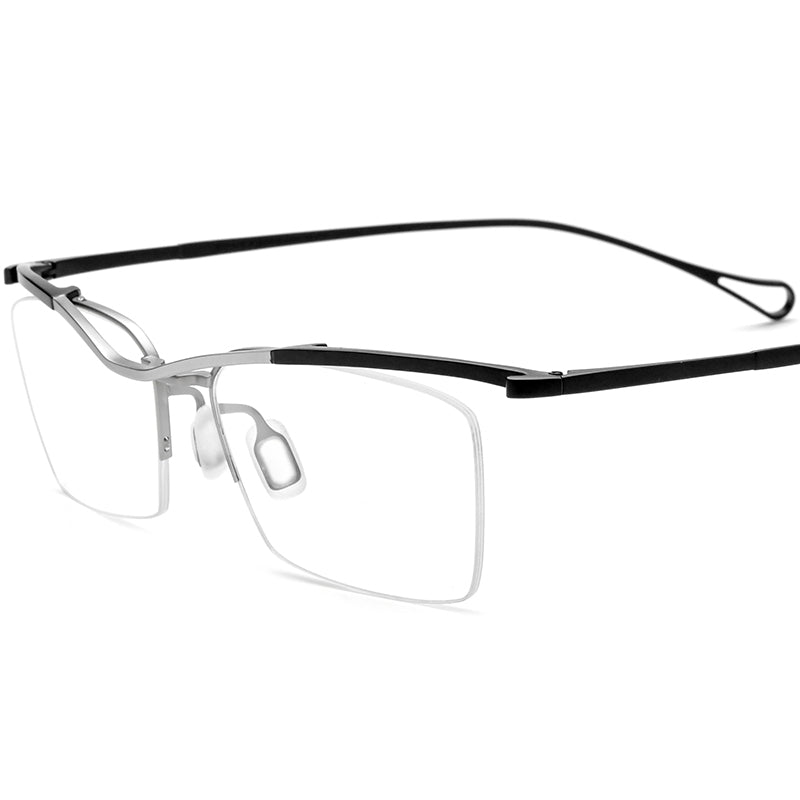 Titanium Semi-Rimless Square Optical Glasses - Silver Black Frame - MCROONS