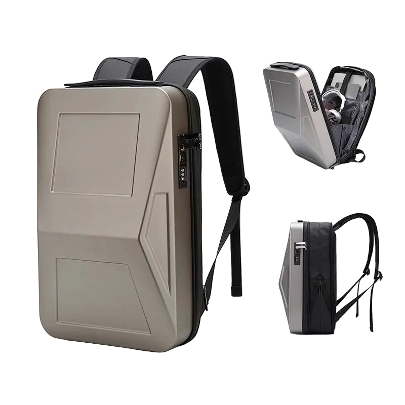 Men's Hard Shell EVA Expandable USB Charging TSA Lock Waterproof Laptop Travel Backpack, Black, Silver and