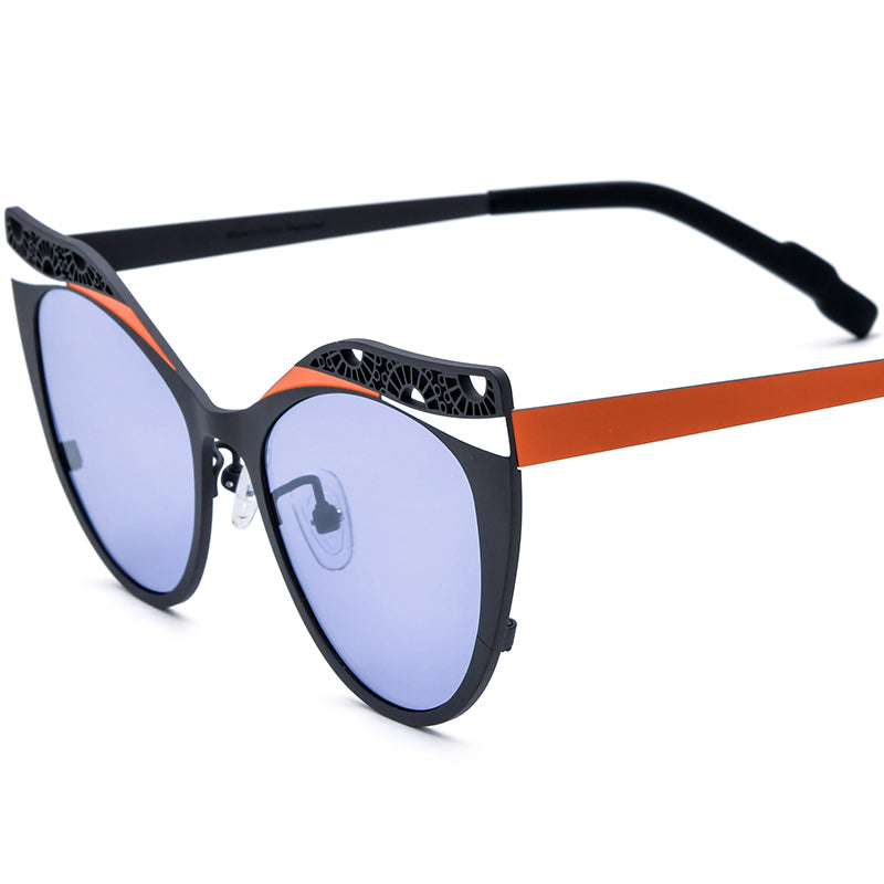 Colourful Titanium Hollow-Out Cat Eye Polarised Sunglasses - Grey Orange Frame Purple Lens - MCROONS