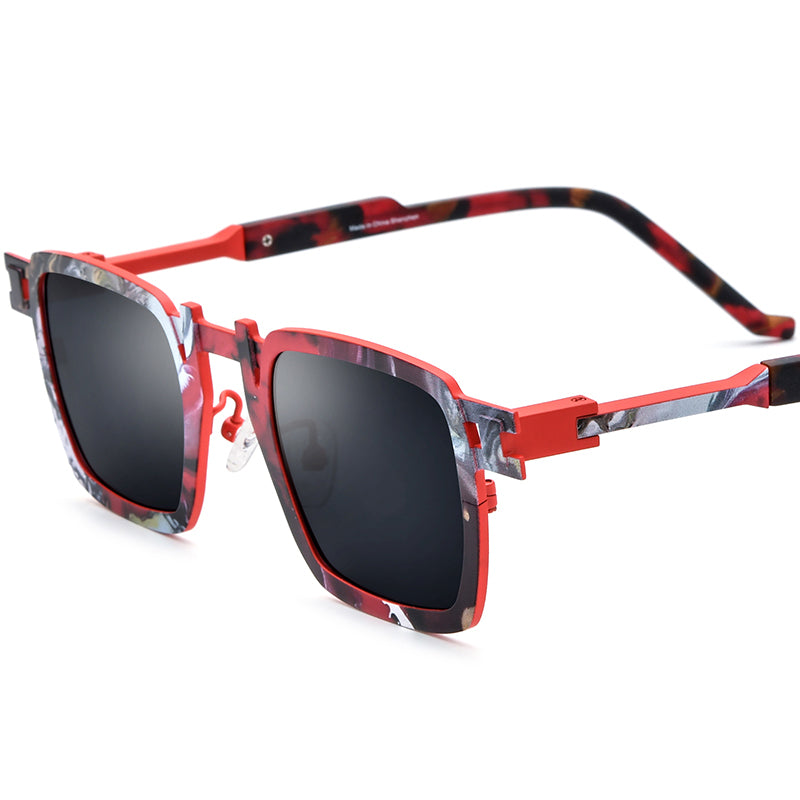 Print Titanium Square Sunglasses - Red - MCROONS