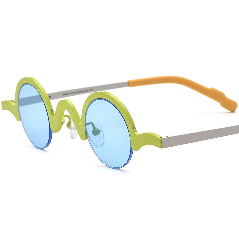 Titanium Semi-Rimless Round Polarised Sunglasses - Yellow Frame Blue Lens - MCROONS