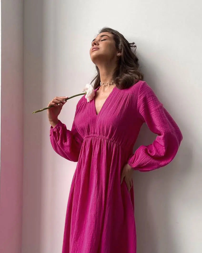 Boutique Women's A-Line Midi Dresses Fall Spring Sexy Loose Casual Puff Sleeve V Neck Solid