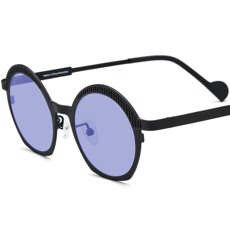 Retro Oval Titanium Polarized Sunglasses UV400 - Black Purple Lens - MCROONS