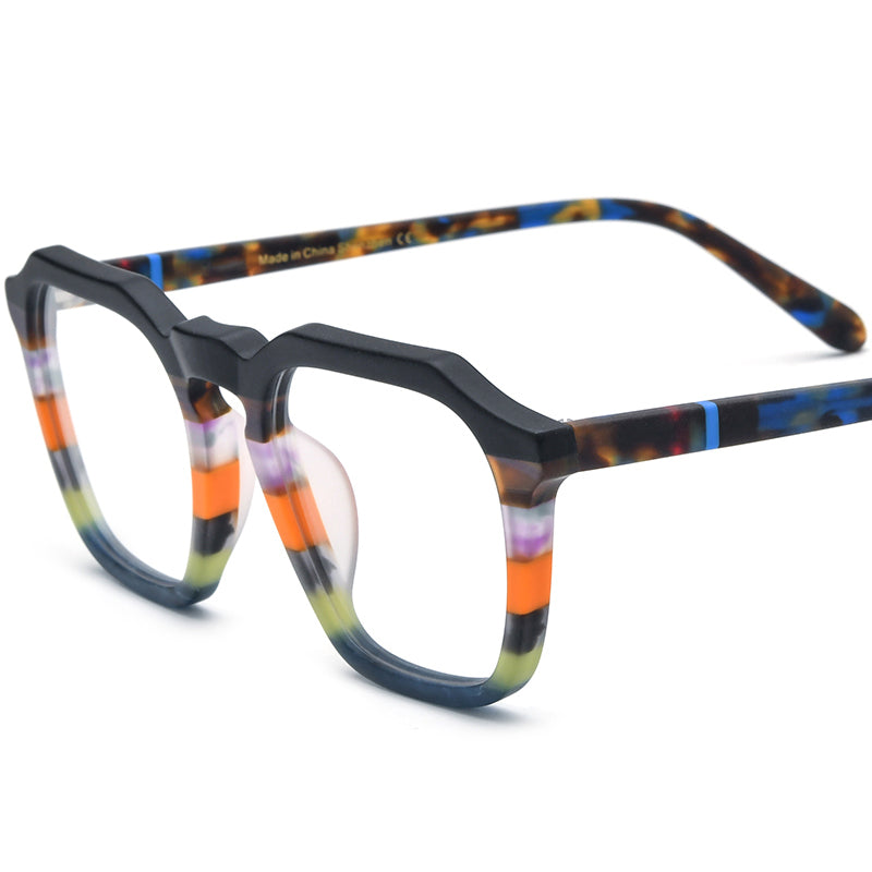 Retro Striped Square Acetate Optical Glasses Frame - Matte Black Blue - MCROONS