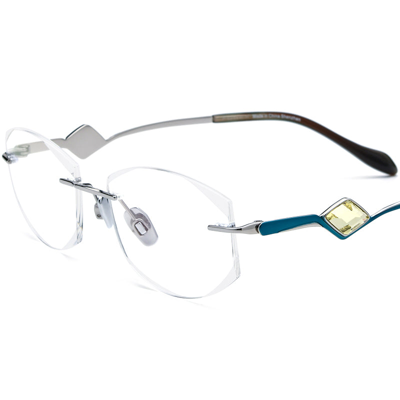 Luxury Diamond-Trim Titanium Rimless Glasses - Silver Blue Frame - MCROONS