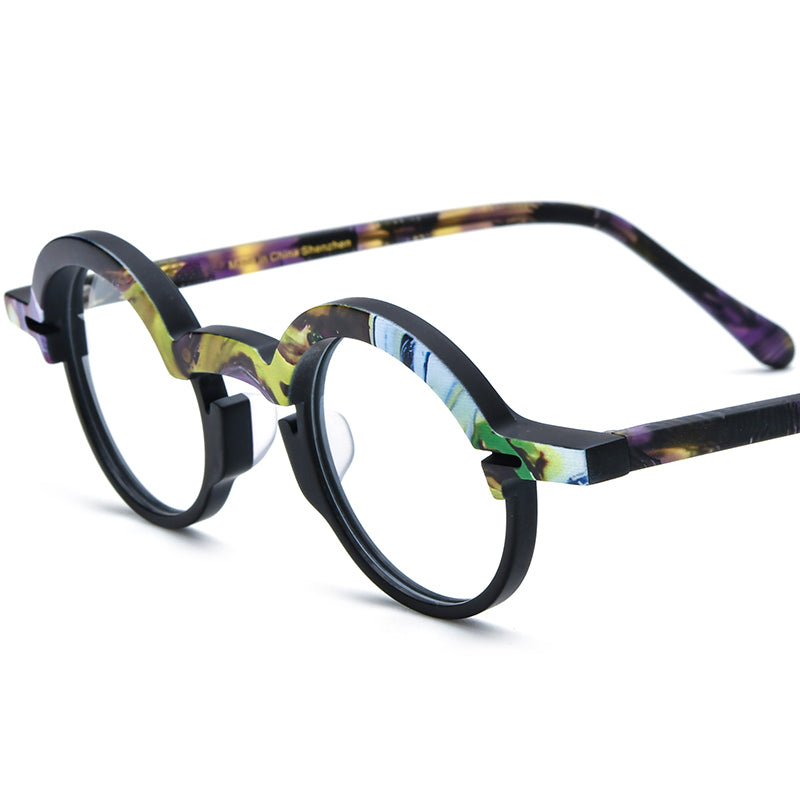 Retro Multicolour Round Matte Acetate Optical Glasses Frame - Purple Yellow - MCROONS