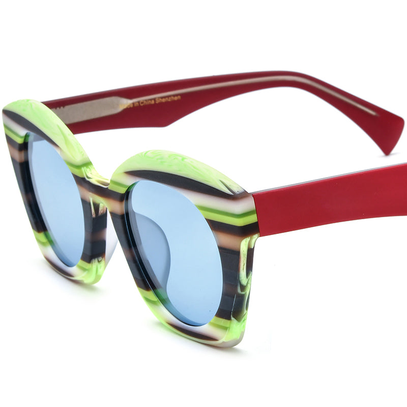 Matte Acetate Big Size Cat Eye Sunglasses - Green Stripe - MCROONS