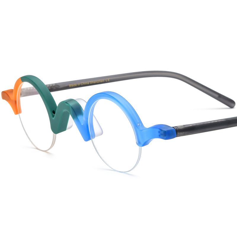 Vintage Small Round Acetate Half-Rim Optical Glasses Frame - Green Blue - MCROONS