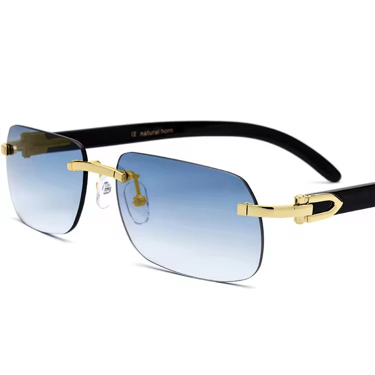 Buffalo Horn Rimless Square Sunglasses - Black Gold Blue - MCROONS