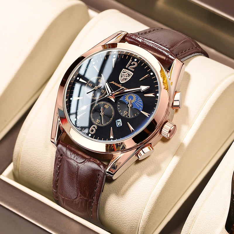 Poedagar 8298 Men's Sport Chronograph Quartz Watch – Leather Strap, Waterproof, Luminous, Date