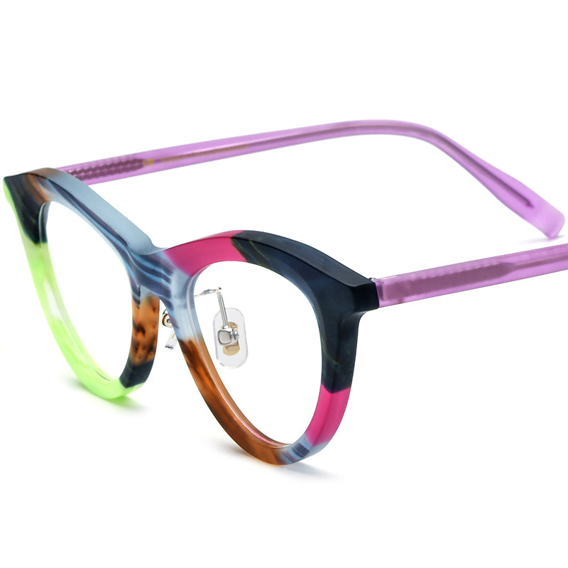 Multicolour Print Acetate Cat Eye Glasses Frame Vintage - Matte Grey Brown - MCROONS