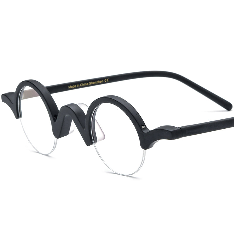 Retro Small Round Acetate Half-Rim Optical Glasses Frame - Matte Black - MCROONS