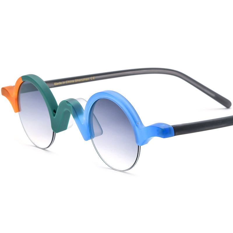 Multicolour Small Round Acetate Half-Rim Sunglasses UV400 - Matte Green Blue Gradient Gray Lens - MCROONS