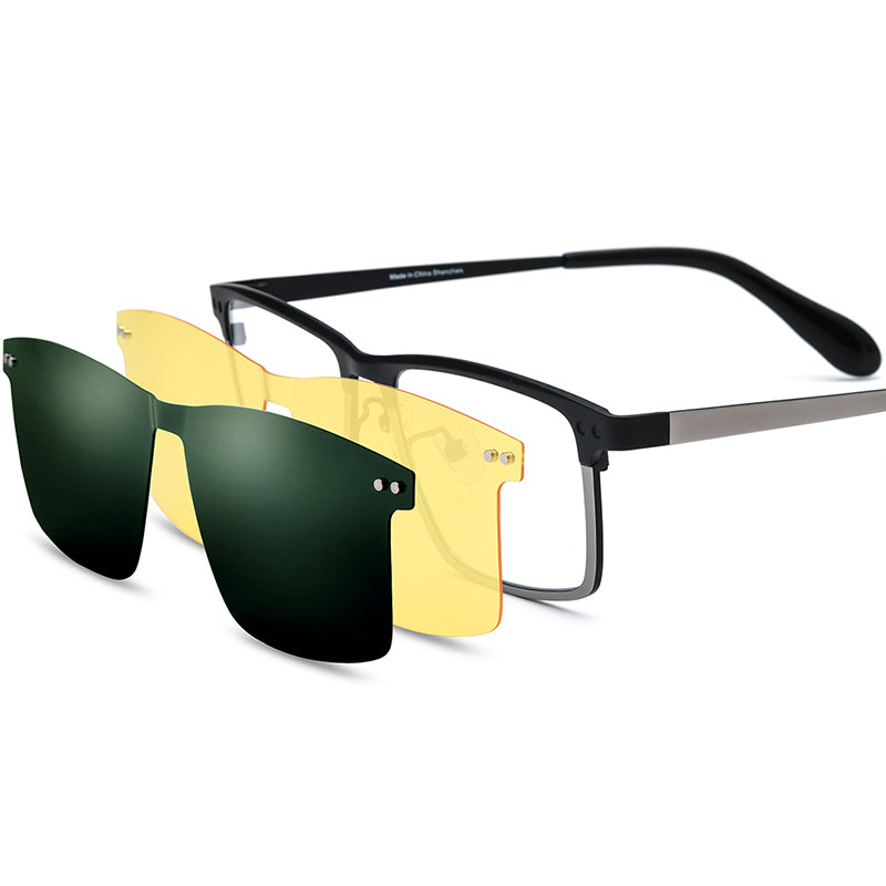 Titanium Rimless Optical Glasses Frame with Magnetic Clip-On Sunglasses - Black Silver - MCROONS