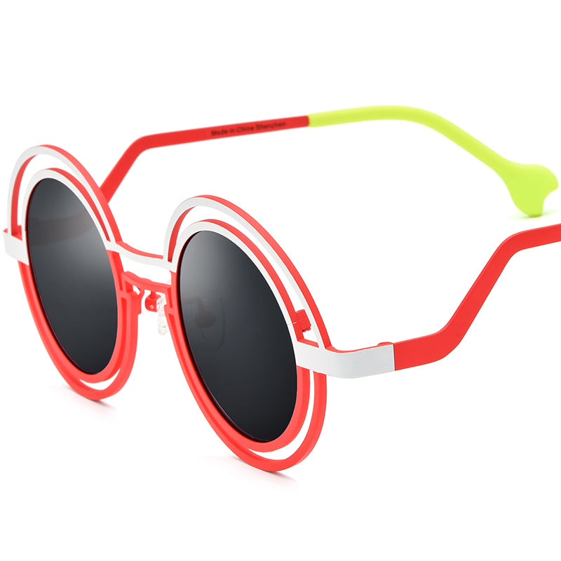 Colourful Titanium Double-Ring Round Polarised Sunglasses - White Red Frame Gray Lens - MCROONS