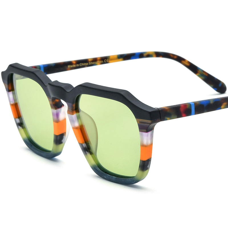 Retro Striped Multicolour Square Acetate Polarized Sunglasses UV400 - MCROONS - Matte Black Blue Green Lens
