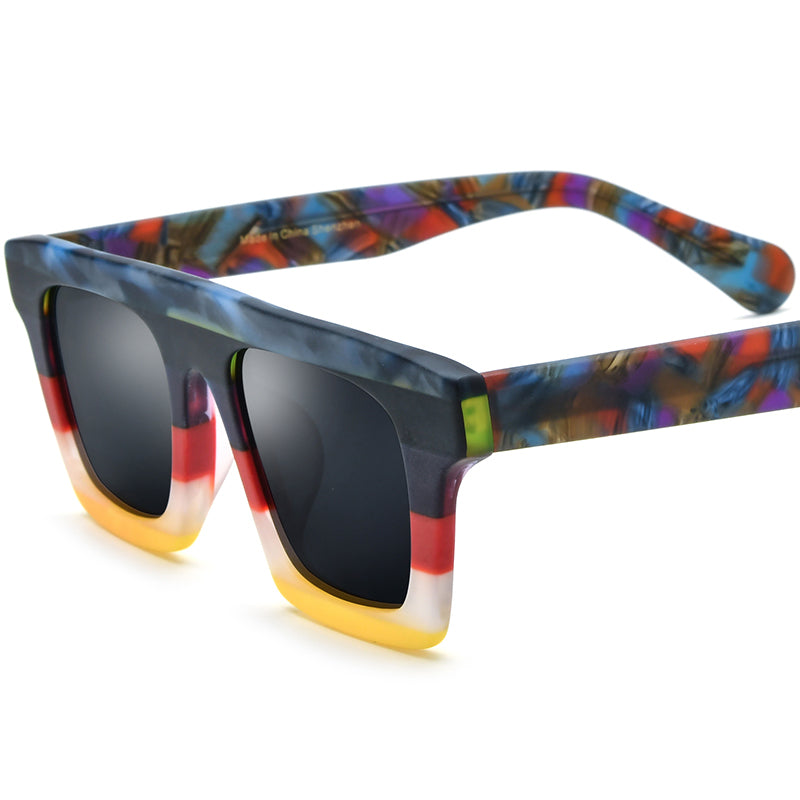 Matte Acetate Square Polarized Sunglasses Vintage - Blue Flower Grey Lens - MCROONS