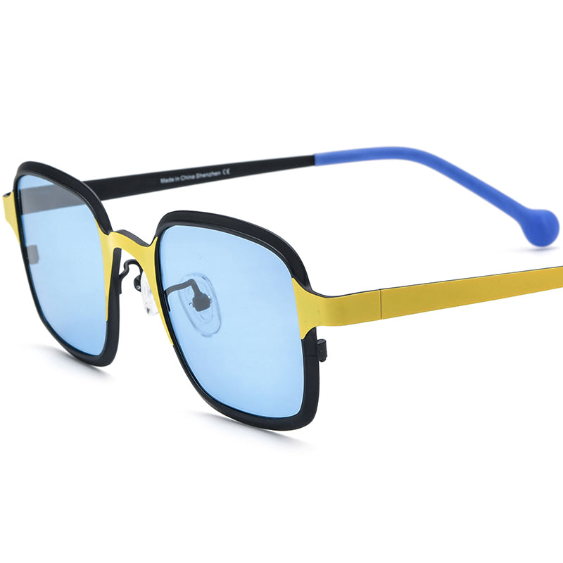 Colourful Titanium Square Polarised Sunglasses Vintage - Matte Black Yellow Frame Blue Lens - MCROONS