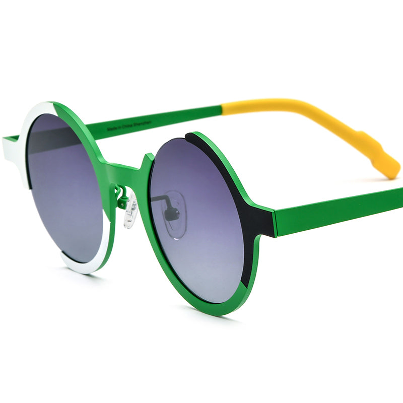 Colourful Titanium Round Polarised Sunglasses - Green Frame Gradient Gray Lens - MCROONS