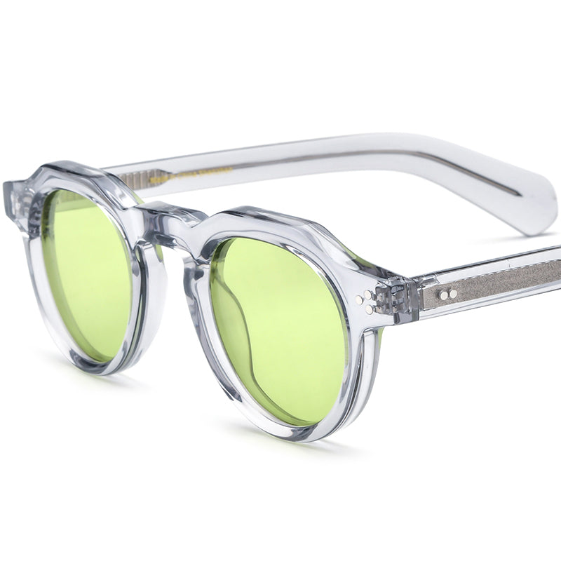 Polarised Round Acetate Sunglasses Multicolour Mirrored - Transparent Grey/Green Lens - MCROONS