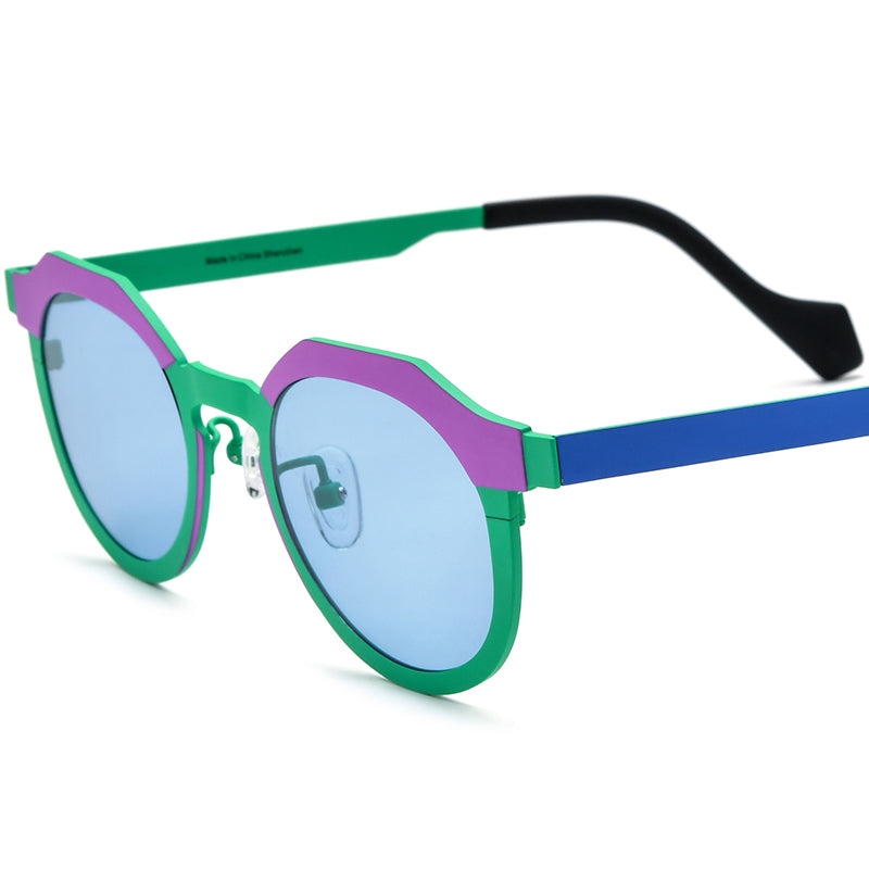 Colourful Titanium Cat Eye Polarised Sunglasses - Purple Green Frame Blue Lens - MCROONS
