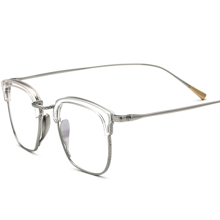 Half-Rim Square Acetate Titanium Optical Glasses Frame - Transparent Silver - MCROONS
