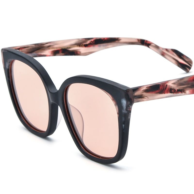 Retro Oversized Cat Eye Matte Acetate Polarized Sunglasses UV400 - Matte Black Pink Lens - MCROONS