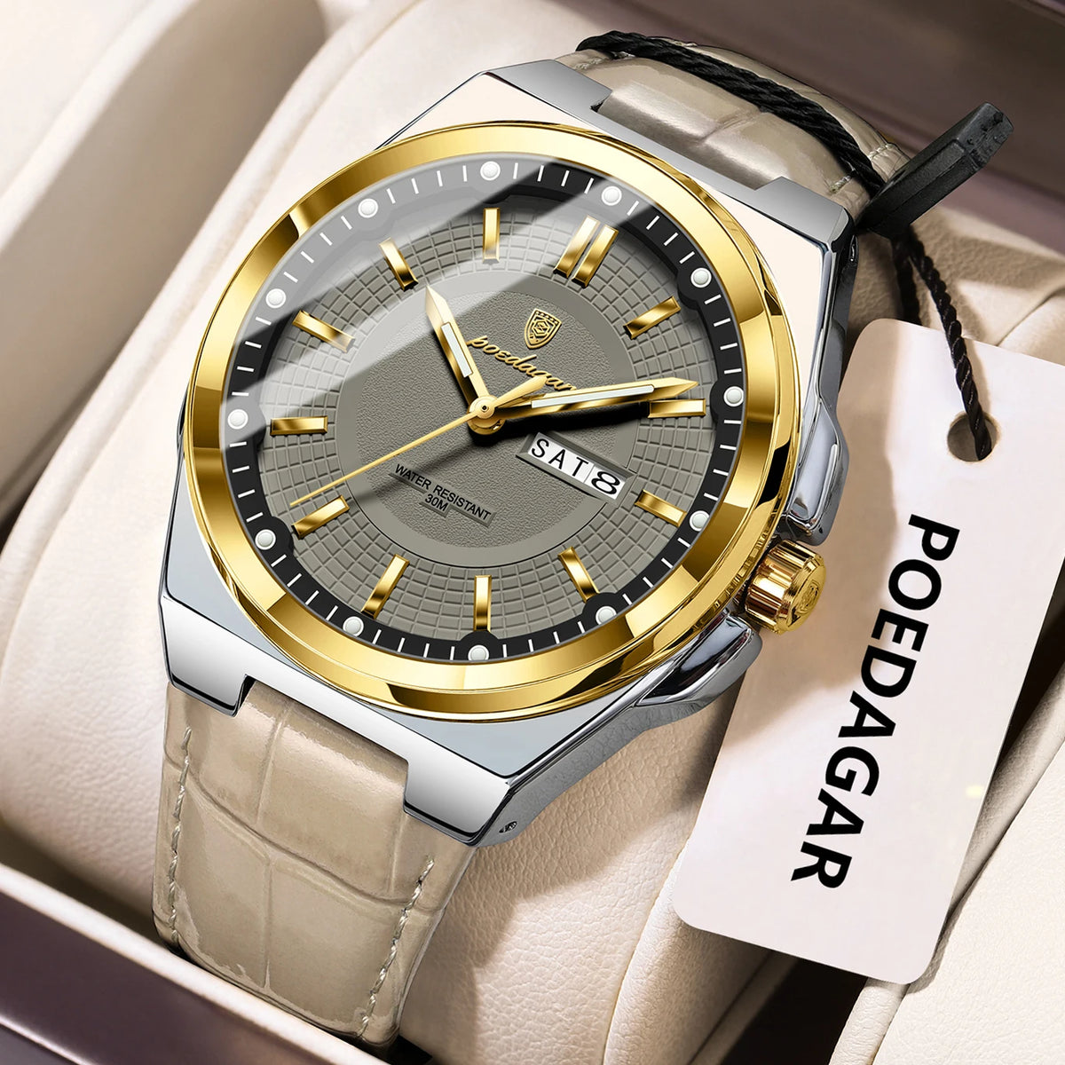 Poedagar 896 Men's Luxury Quartz Watch – Leather Strap, Waterproof, Luminous, Date
