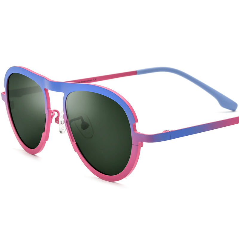 Colourful Titanium Pilot Polarised Sunglasses Retro - Blue Red Frame Dark Green Lens - MCROONS