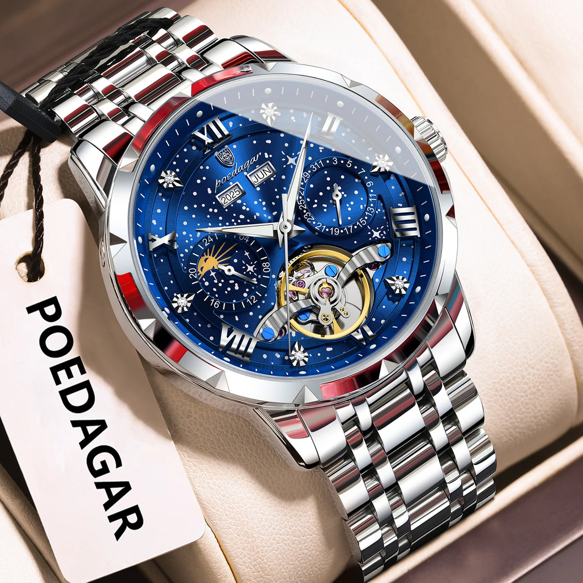 Poedagar 1420 Men's Luxury Automatic Mechanical Watch – Stainless Steel Band, Waterproof, Luminous, Date