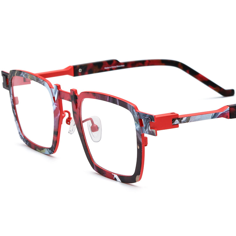 Colourful Print Titanium Square Optical Frame Fashion - Red - MCROONS