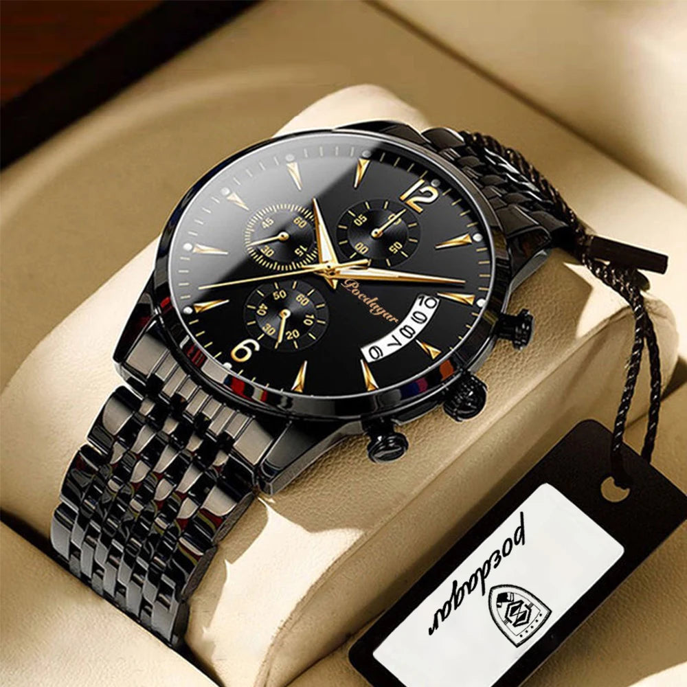 Poedagar 814 Men's Luxury Chronograph Quartz Watch – Leather Strap, Waterproof, Luminous, Date