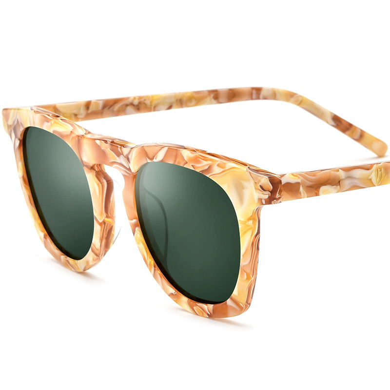 Retro Round Acetate Polarized Mirrored Sunglasses UV400 - Coffee Dark Green Lens - MCROONS