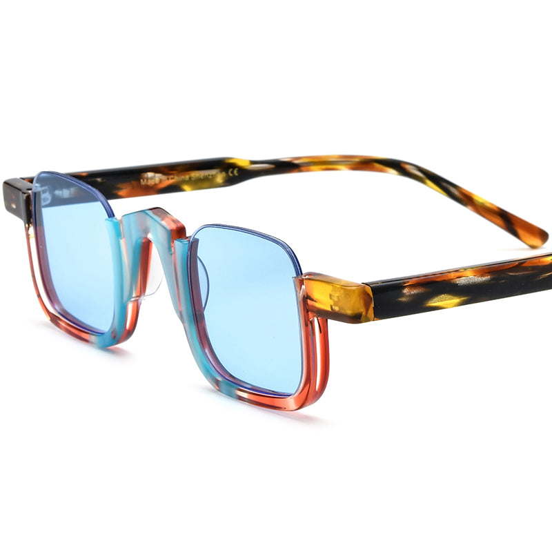 Multicolour Acetate Square Sunglasses - Blue Coffee Blue Lens - MCROONS