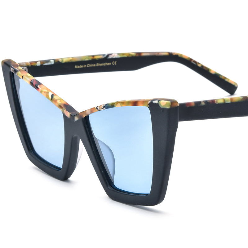 Retro Oversized Cat Eye Matte Acetate Polarized Sunglasses UV400 - Matte Black Blue Lens - MCROONS