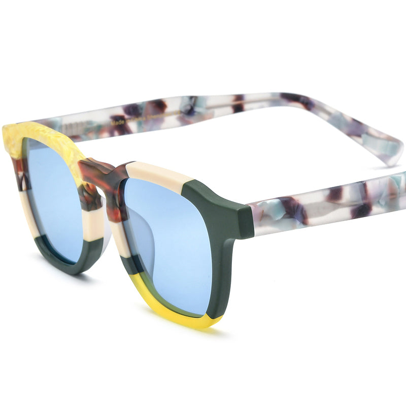 Vintage Multicolour Square Matte Acetate Polarized Sunglasses UV400 - Matte Yellow Green Blue Lens - MCROONS