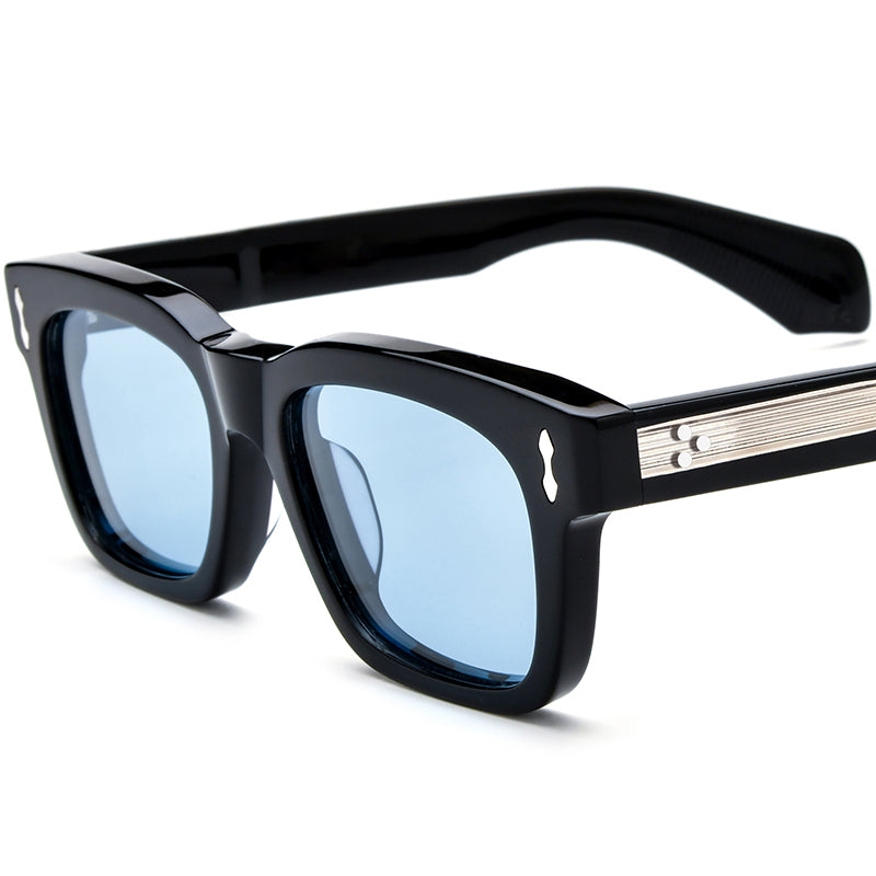 Retro Square Thick Acetate Polarized Mirrored Sunglasses - Black Silver Blue Lens - MCROONS