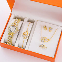 Hot Sell Gold Silver Rose Gold Alloy  Hip Hop Necklace Bracelet Rings Earrings Watch Women's Jewelry Set