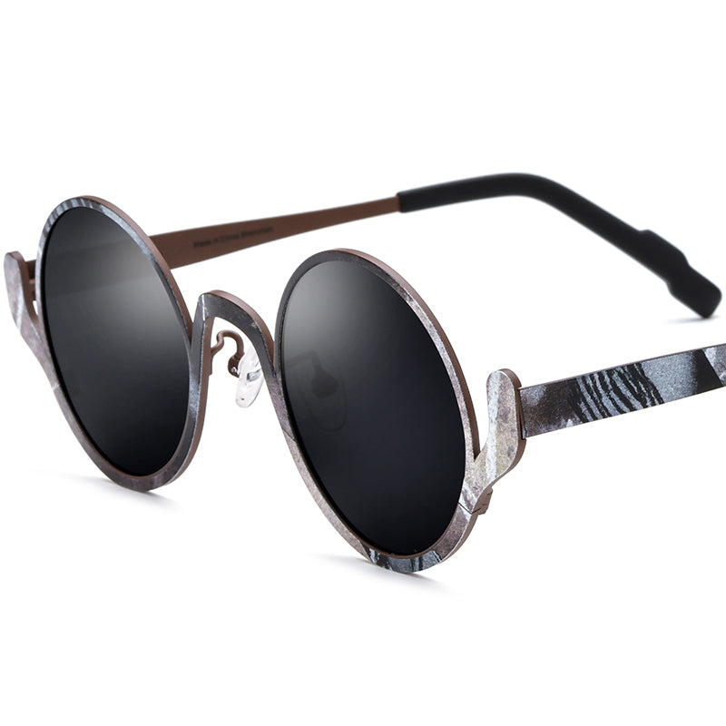Multicolour Print Titanium Round Polarised Sunglasses - Brown - MCROONS